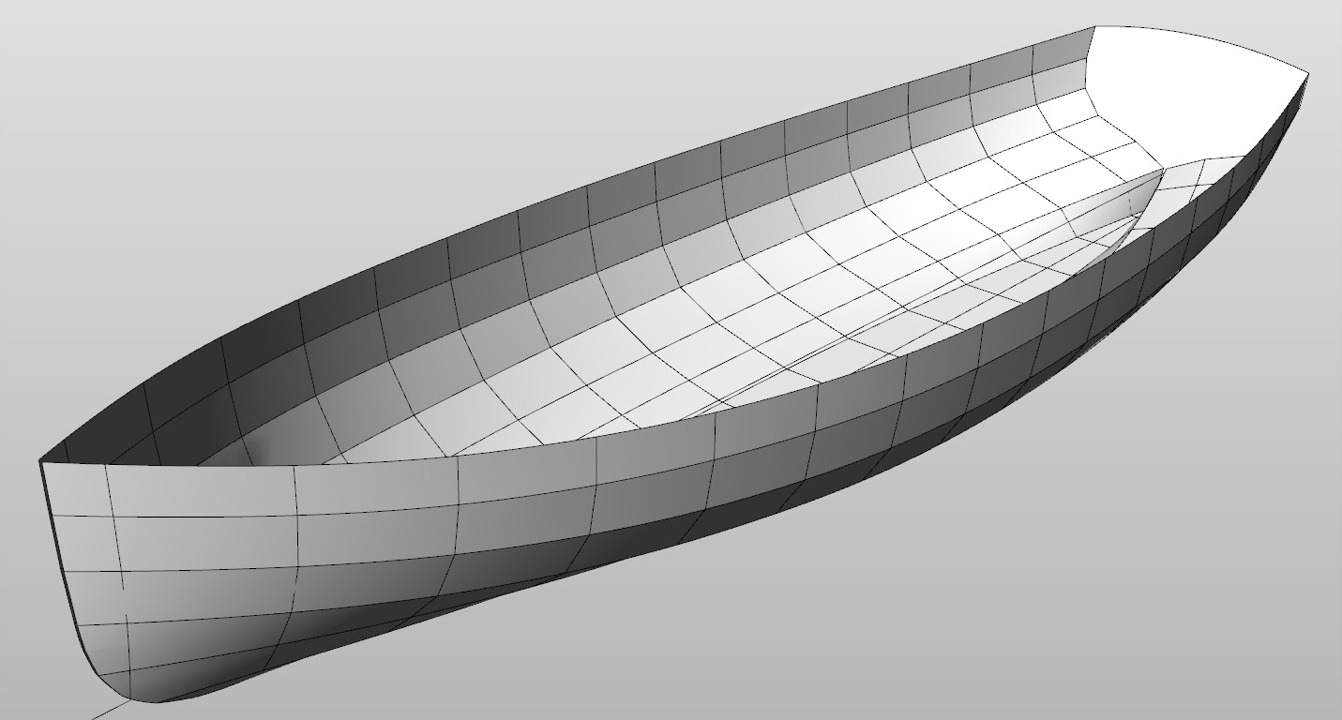 Les deux représentations en 3D qui suivent permettent de bien visualiser la "peau" du bateau. Celle-ci montre le brion assez doux en bas de l'étrave presque verticale, pour maximiser la longueur de flottaison. Le tableau arrière est légèrement incliné pour l'esthétique. 